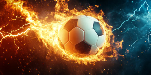 Soccer ball engulfed in fire and lightning energy