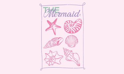 The mermaid design. Sound of the sea. Seashell vintage artwork. Summer vibes artwork. Seashell line drawing. 