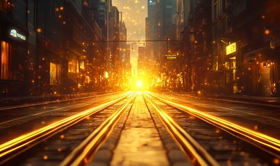 Golden sunset over shimmering railway tracks in a bustling cityscape.