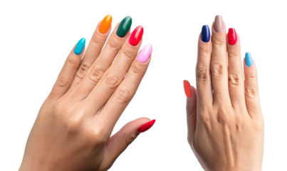 Colorful manicured hands display a variety of vibrant nail art styles.
