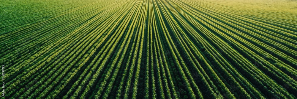 Aufkleber Perfectly aligned green crop rows stretch into the distance with soft lighting and clean symmetry in a tranquil agricultural landscape Generative AI
