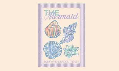 The mermaid design. Sound of the sea. Seashell vintage artwork. Summer vibes artwork. Seashell line drawing. 