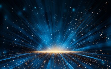 Vibrant blue and gold rays of light extend into a cosmic expanse.