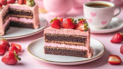 Valentine's Day cakes with chocolate, strawberries, and roses. Birthday cake. Delicious cake. Romantic, sweet gift. Beautiful cakes. Happy birthday. Happy mothers day. Happy woman day