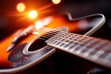 Fototapeta premium Close-up view of a beautifully crafted acoustic guitar with warm lighting effect capturing its strings and body details