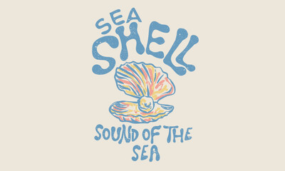 Seashell retro artwork. Summer vibes artwork. Seashell line drawing. Sea you at the beach. Sound of the sea.