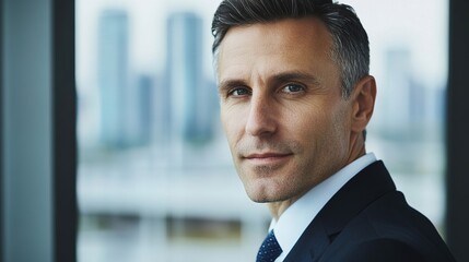 Focused businessman in formal attire, exuding confidence and professionalism in a modern office setting.