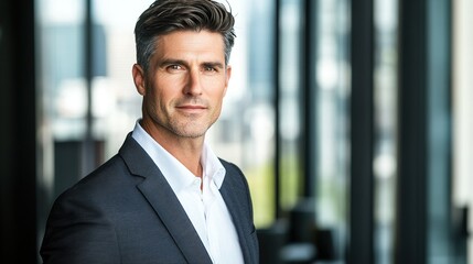 Focused businessman in formal attire, exuding confidence and professionalism in a modern office setting.