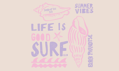 Beach wave. Seashell retro artwork. Summer vibes artwork. Seashell line drawing.