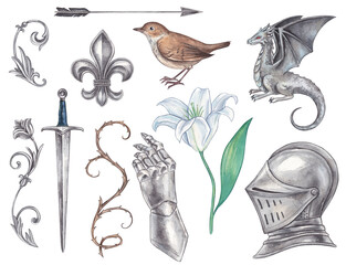 Knight's tournament set. Watercolor hand-drawn illustrations helmet, dragon, sword, arrow, lily, nightingale, ornament. Clipart for postcards, website and blog on the theme of the Middle Ages.