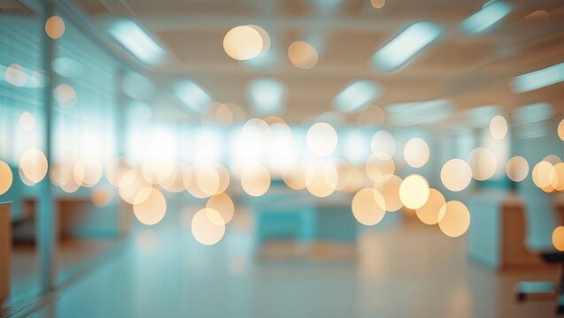 Softly blurred interior of a modern office space with warm lighting in daytime
