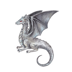 Medieval dragon. Watercolor hand-drawn fantasy illustration. Clipart on a white background for the design of postcards and websites on the topic of fairy tales, books, reconstruction, history.