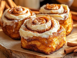 Fototapeta premium Freshly baked cinnamon rolls with cream cheese frosting