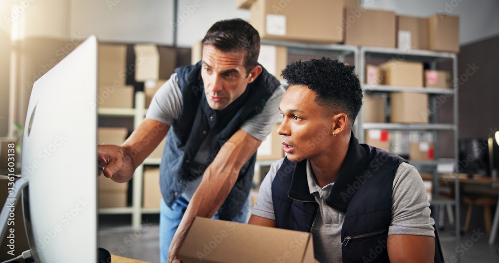 Poster people, check and computer with box for distribution of inventory management, online order and stock