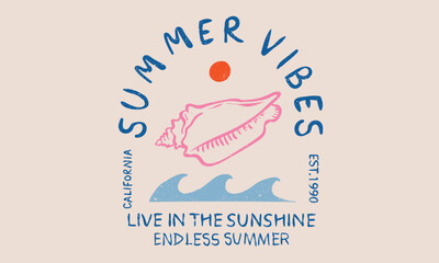 Beach wave. Seashell retro artwork. Summer vibes artwork. Seashell line drawing. Live in the sunshine.