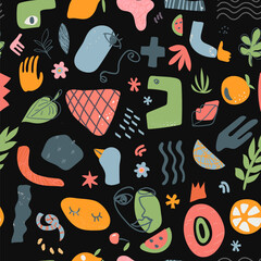 Colorful seamless pattern. Trendy doodles. Creative abstract style art background Simple childish doodle shapes wallpaper print set.