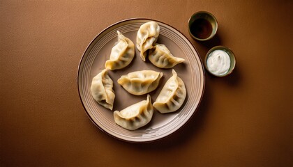 Dumplings with meat on a plate on a brownbackground top view