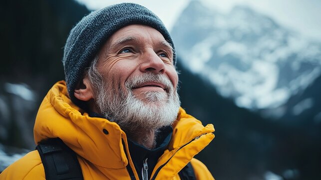 Man's joyful expression, soft backlighting, minimal mountain backdrop, conveying pure happiness and serenity.