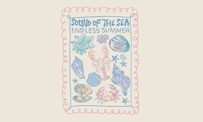 Seashell line drawing. Crab and lobster design. Sound of the sea. Seashell vintage artwork. Summer vibes artwork.