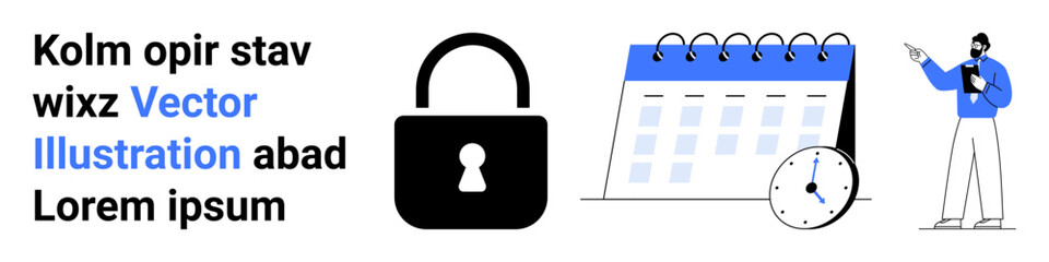 Lock symbolizing security, calendar for scheduling, and clock for time tracking. Business professional presenting concept. Ideal for data protection, productivity, planning, organization, management