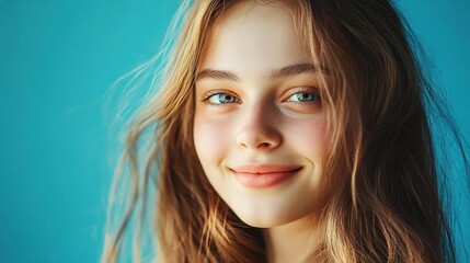 Naklejka premium Cheerful long-haired girl exudes joy, vibrant energy radiates in a creative moment.