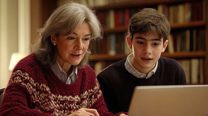 Grandmother and Grandson Engaged in Online Research at Home with Laptop and Books in Background