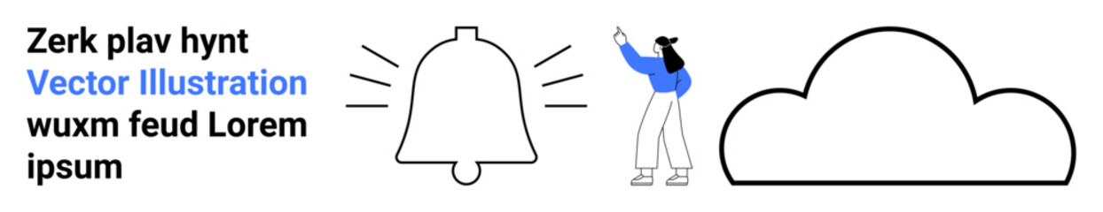 Bell ringing with sound waves, a cloud shape, person pointing ideal for notifications, cloud storage, online collaboration, internet services, user interaction cues, messaging apps, simple landing