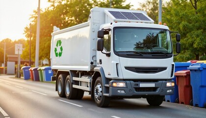Eco-friendly recycling truck on city street, sustainable innovation