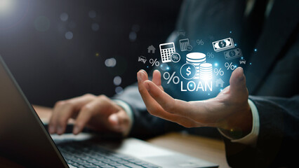 Personal Loan Assessment and Loans concept. Financial loan agreement, Personal or business loans through online services between lenders and borrowers. Person using laptop laptop with loan icon.