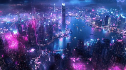 Fototapeta premium Spectacular nighttime aerial cityscape illuminated with vibrant neon lights