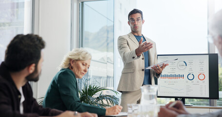 Presentation, computer screen and business people in office for company profit, revenue or dividend. Discussion, professional and financial manager with group of investors for investment planning.