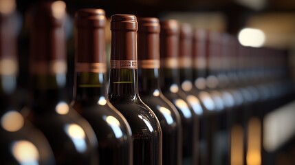 A row of wine bottles, softly lit, showcasing elegance and craftsmanship in a timeless display.