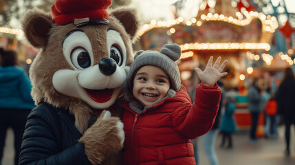 Excited child in red jacket posing with cheerful bear mascot at theme park carnival lights