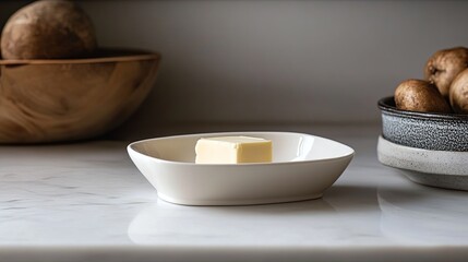 A minimalist setup of a single ceramic butter dish styled on a marble countertop. background