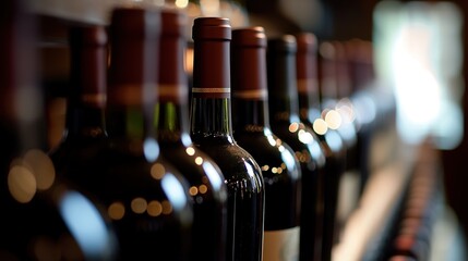 A row of wine bottles, softly lit, showcasing elegance and craftsmanship in a timeless display.