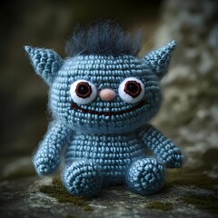 Cute handmade crochet blue monster doll with big eyes and spiky hair sitting on mossy stone © nibeca
