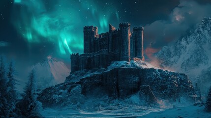 Fototapeta premium Ancient castle illuminated by northern lights in a snowy mountain landscape at night