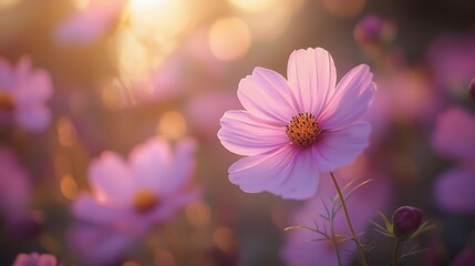 Pretty pink cosmos flowers blooming in a golden sunlight field