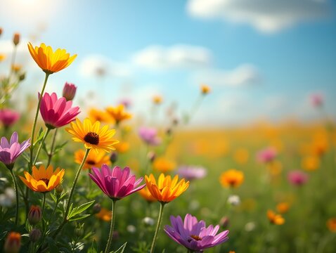 vibrant wildflower meadow with colorful blooms under sunny sky
