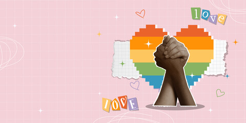 Fist raising a rainbow heart, representing strength and love in pride, vector illustration