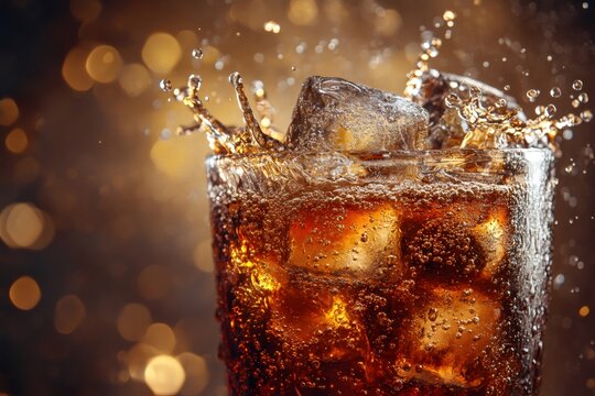 Ice cubes splashing into glass of cola with bubbles on gold background