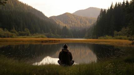 Person sitting on the bank of a lake, facing away from the camera. the person is wearing a brown jacket and is sitting on a grassy bank with their back to the camera, looking out at the lake.