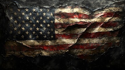 Weathered American flag, dark background, grunge texture