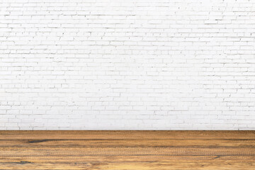 wood floor and white brick wall as background, light room interior