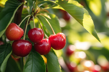 Obraz premium Fresh sweet cherries grow on a tree in an orchard. Juicy red berries and green leaves. Fruit garden. Close up photo.