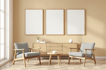 Minimalist living room with three blank poster frames on beige wall, wooden furniture, and cozy armchairs, featuring a clean and modern design. Ai generative