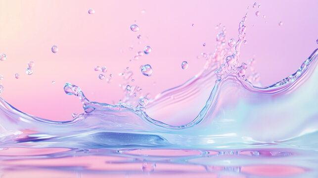 Clear aurora gradient pink iridescent splash water wave surface on pastel background.