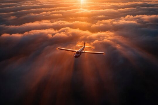 Aerial view of small plane flying above sunset clouds