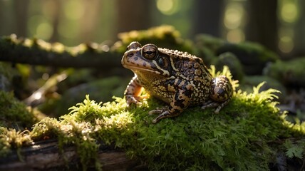 Fototapeta premium Sunlit Peace: North American Toad Resting on a Mossy Log in the Forest
