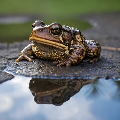 Fototapeta premium Serene Reflection: North American Toad in a Puddle with Ripples and Sky Reflection